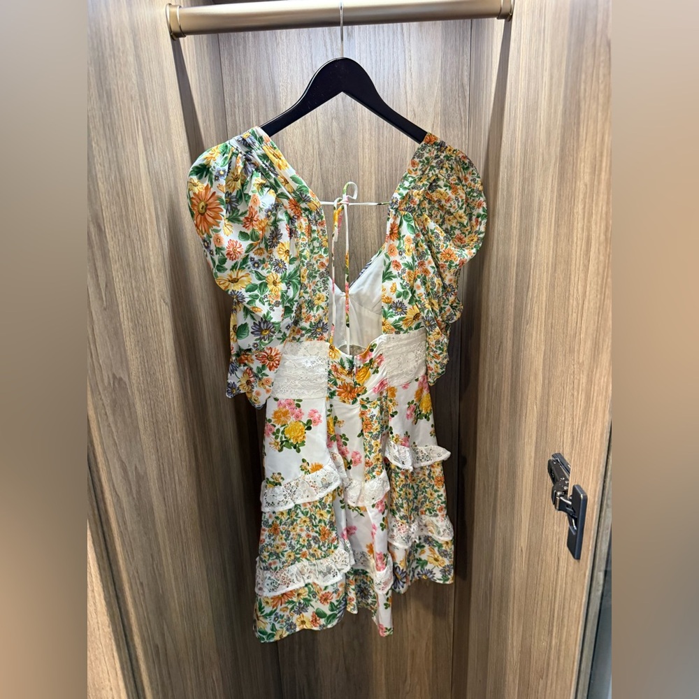 For Love & Lemons Floral Lace-Trim Mini Dress in White, Yellow, Pink, Green - Picture 5 of 6